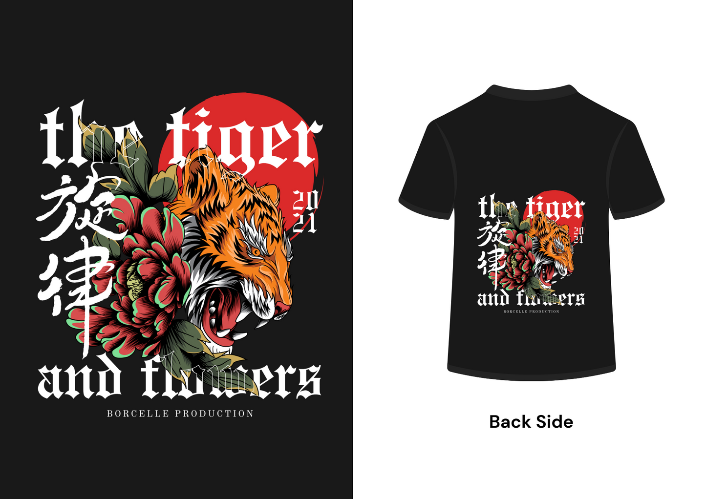 "The Tiger and Flowers" Japanese Dark Fantasy Graphic T-Shirt